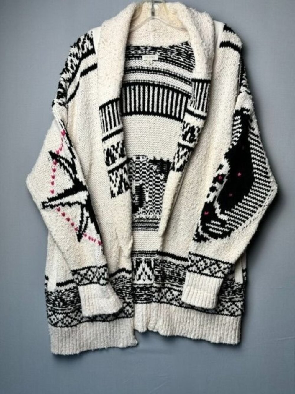 Pilcro Anthropologie Cardigan XS Cream Black Fair Isle Boho Chunky Knit Sweater